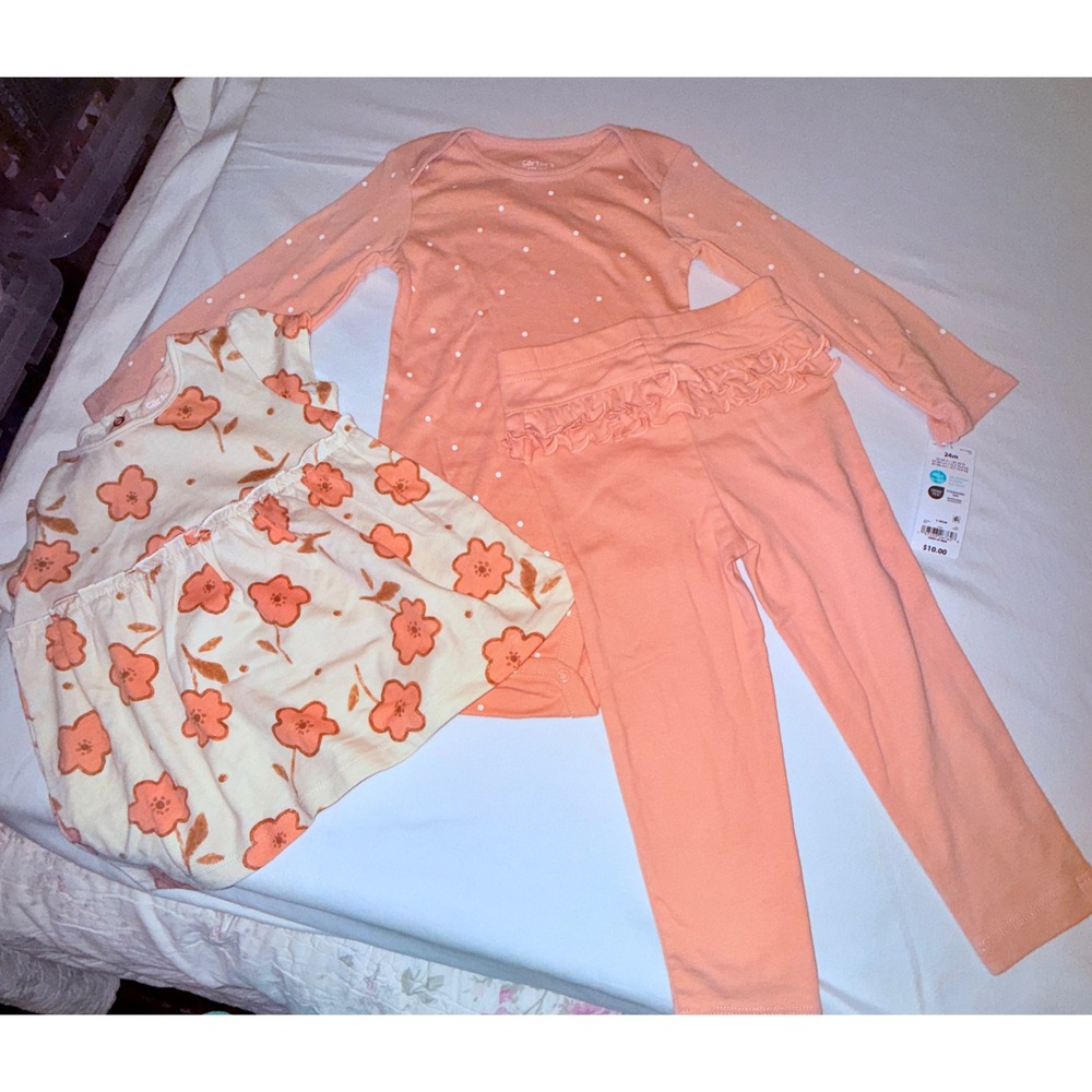 Carter's Child of Mine 3pc Outfit Set Kids 24M Peach NEW Floral Polka Dot Ruffle